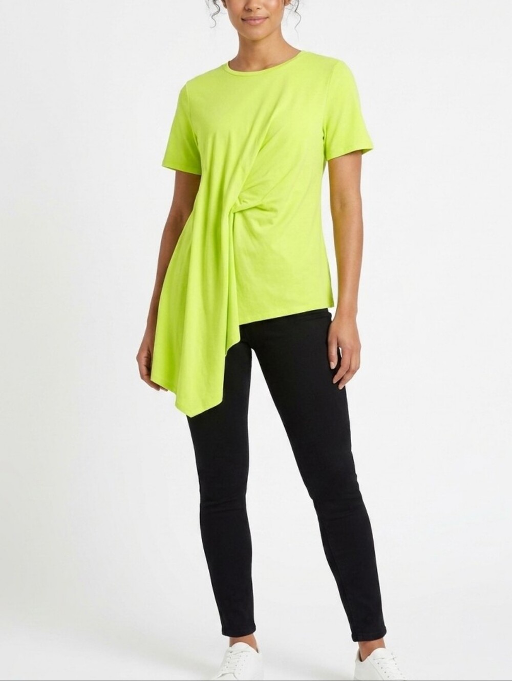 DG2 by Diane Gilman Citrus Green Asymmetric Drape-Front Short Sleeve Tee Large